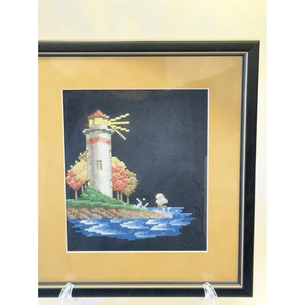 Vintage Completed Light House Ocean Cross Stitch Framed Picture 13